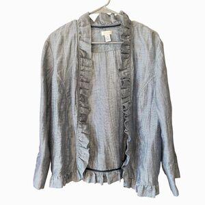 Chico's Open Front Ruffle Swing Blue & White Cardigan Jacket Sz XL
